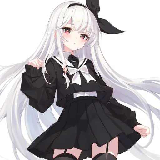 arona1 arona2 arona3 arona4, a girl, white bow hair tie, white extra long hair, red pupils, black sailor suit, black short skirt, black stocking, white bow tie, black windbreaker