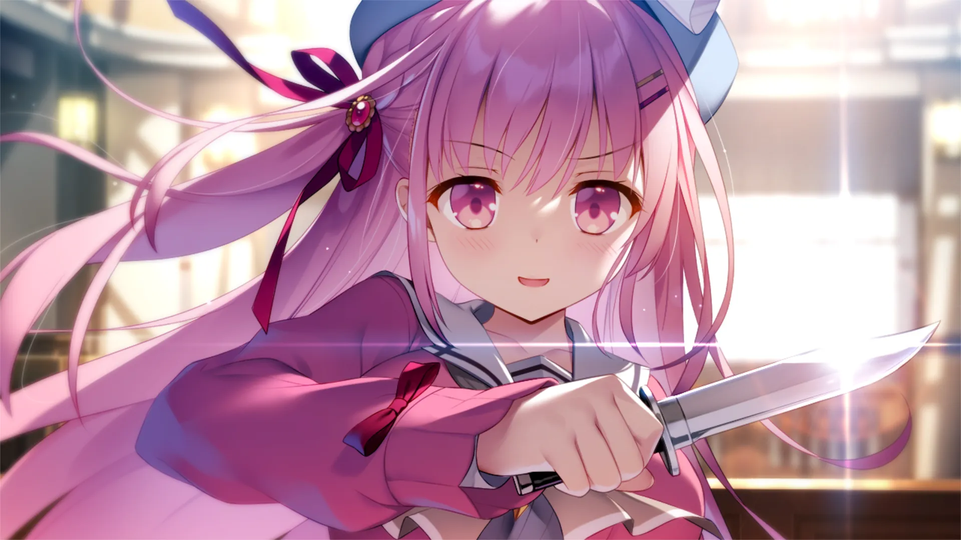 粉毛萝莉和刀，奇妙的组合。可以从这张 CG 上感受一下画风和质量。